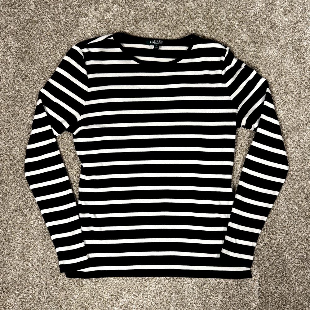 Lauren by Ralph Lauren Striped Long Sleeve‎ Tee with Button Detail